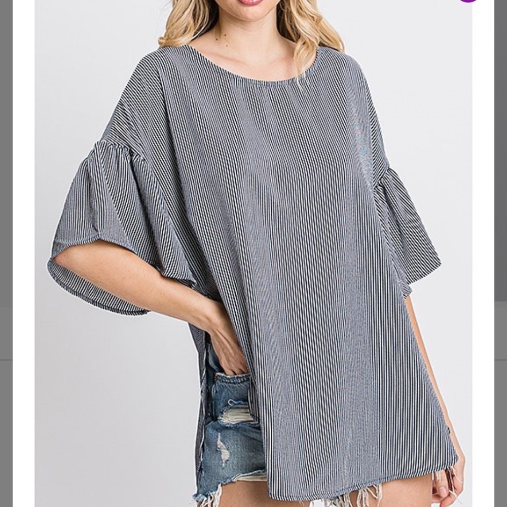 Women’s navy and white pinstripe bell sleeve top. SZ. S. NWT